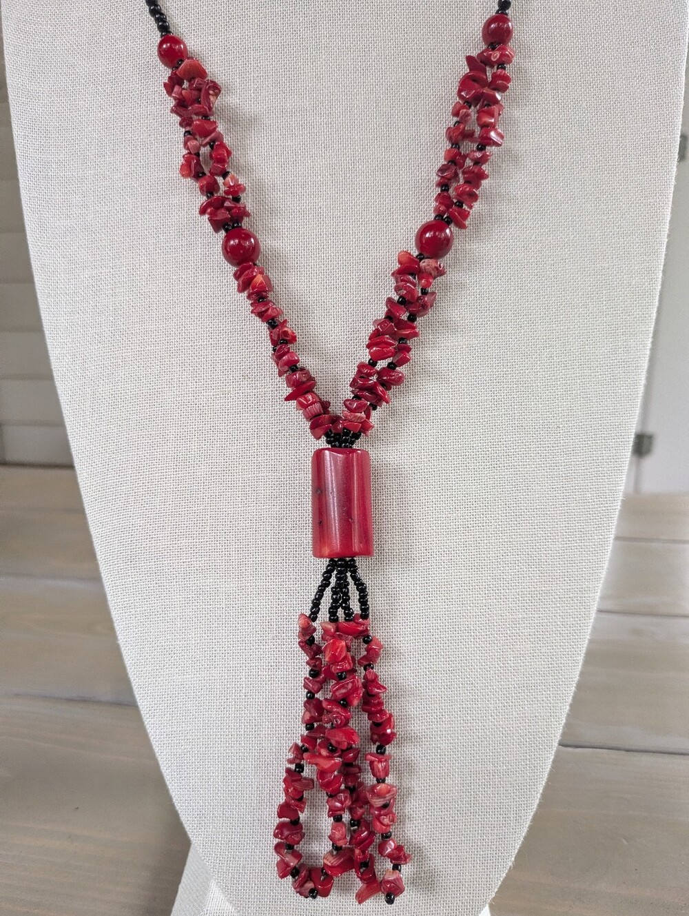 Vintage Red Coral & Black Beaded Statement Necklace with Tassel Pendant